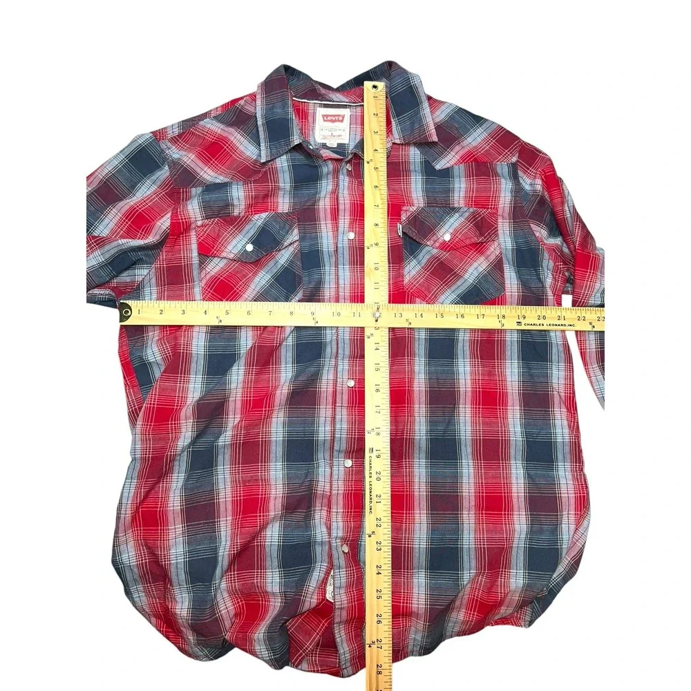 Levi modern‎ men's button-down shirt pearl snap plaid Size Large Red And Black